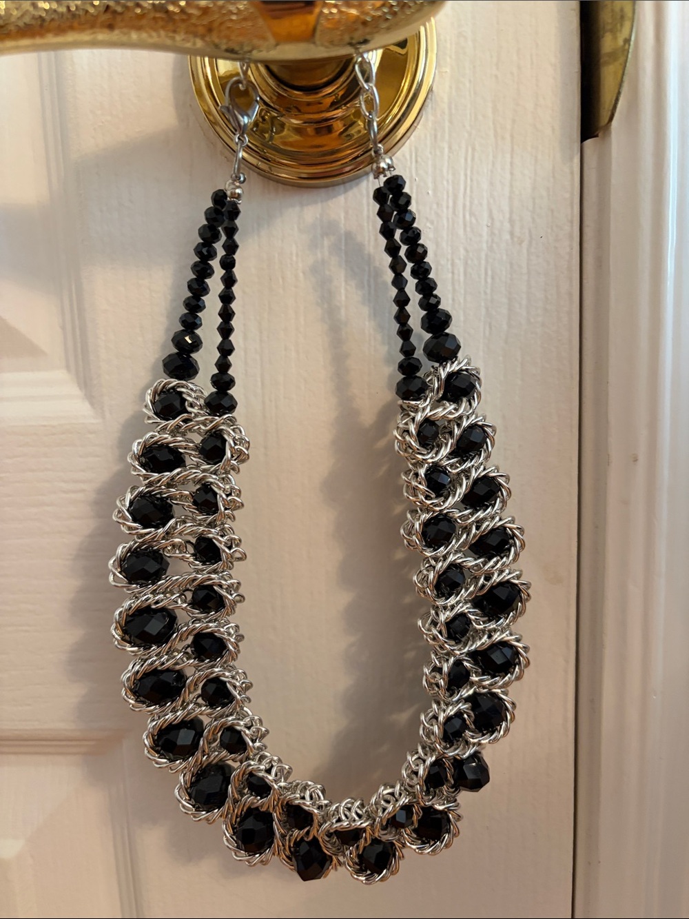 Elegant Black Bead and Silver Chain Statement Necklace